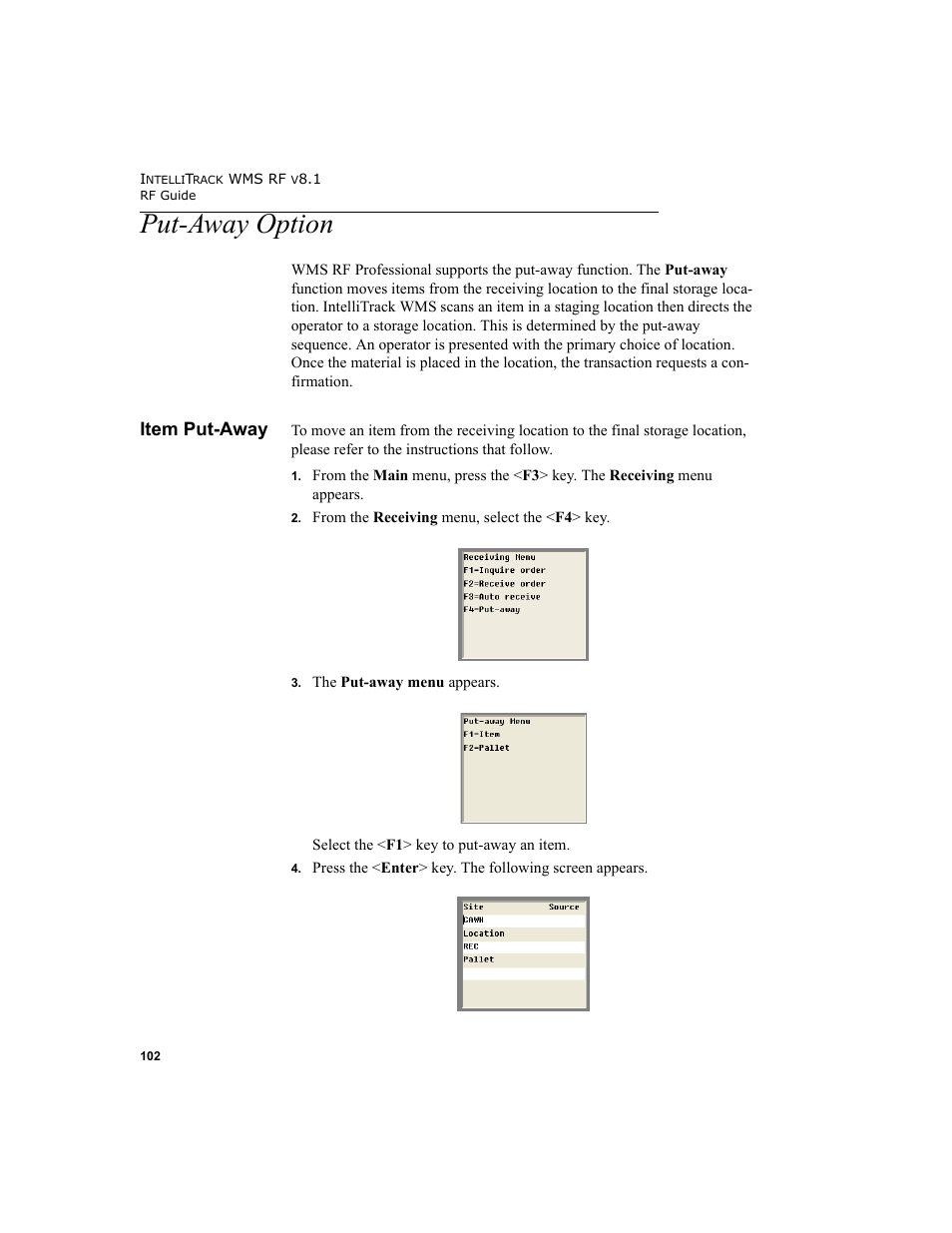 Put-away option, Item put-away | IntelliTrack WMS – Warehouse Management System User Manual | Page 112 / 160