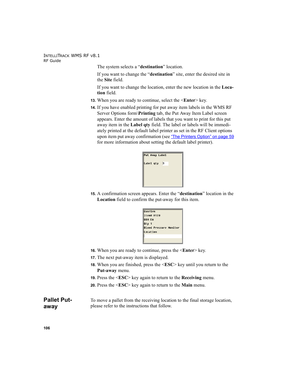 Pallet put- away, Pallet put-away | IntelliTrack WMS – Warehouse Management System User Manual | Page 116 / 160