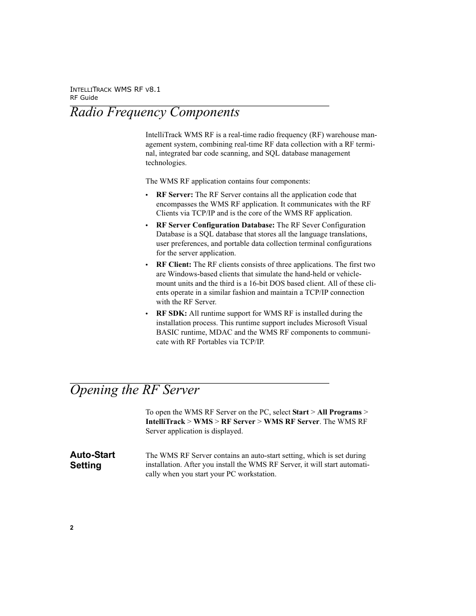Radio frequency components, Opening the rf server, Auto-start setting | Radio frequency components opening the rf server | IntelliTrack WMS – Warehouse Management System User Manual | Page 12 / 160
