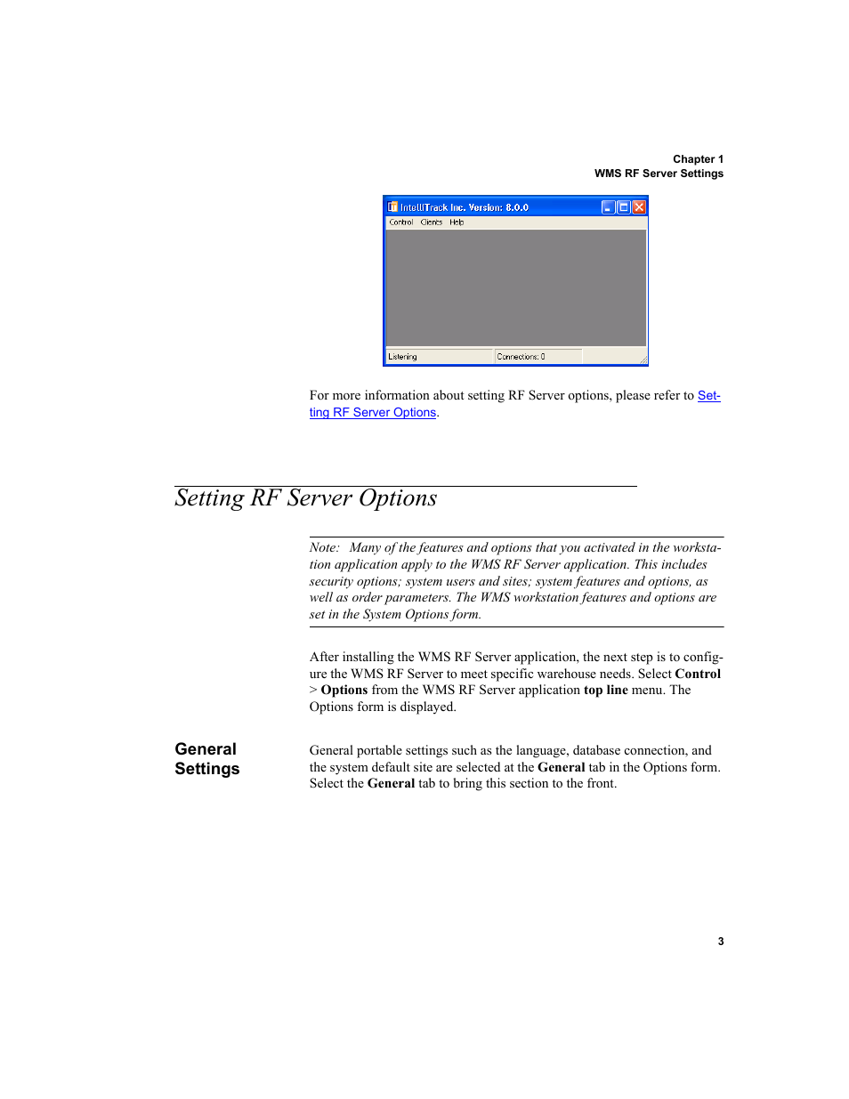 Setting rf server options, General settings | IntelliTrack WMS – Warehouse Management System User Manual | Page 13 / 160