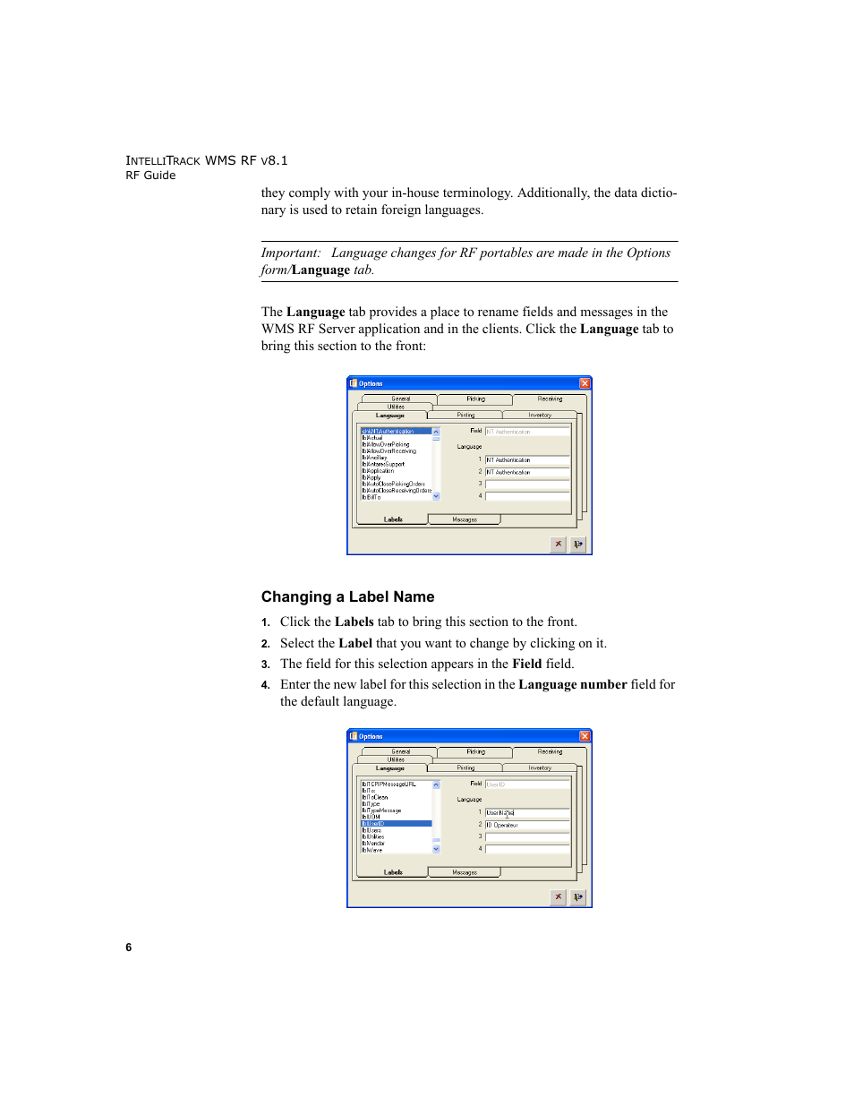 Changing a label name | IntelliTrack WMS – Warehouse Management System User Manual | Page 16 / 160