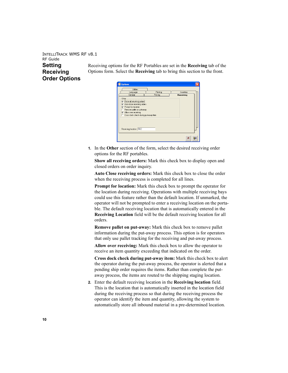 Setting receiving order options | IntelliTrack WMS – Warehouse Management System User Manual | Page 20 / 160