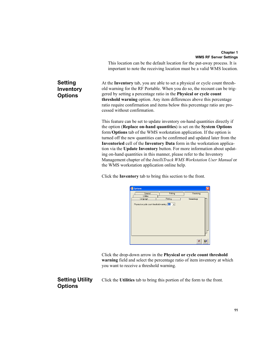 Setting inventory options, Setting utility options, Setting inventory options setting utility options | IntelliTrack WMS – Warehouse Management System User Manual | Page 21 / 160