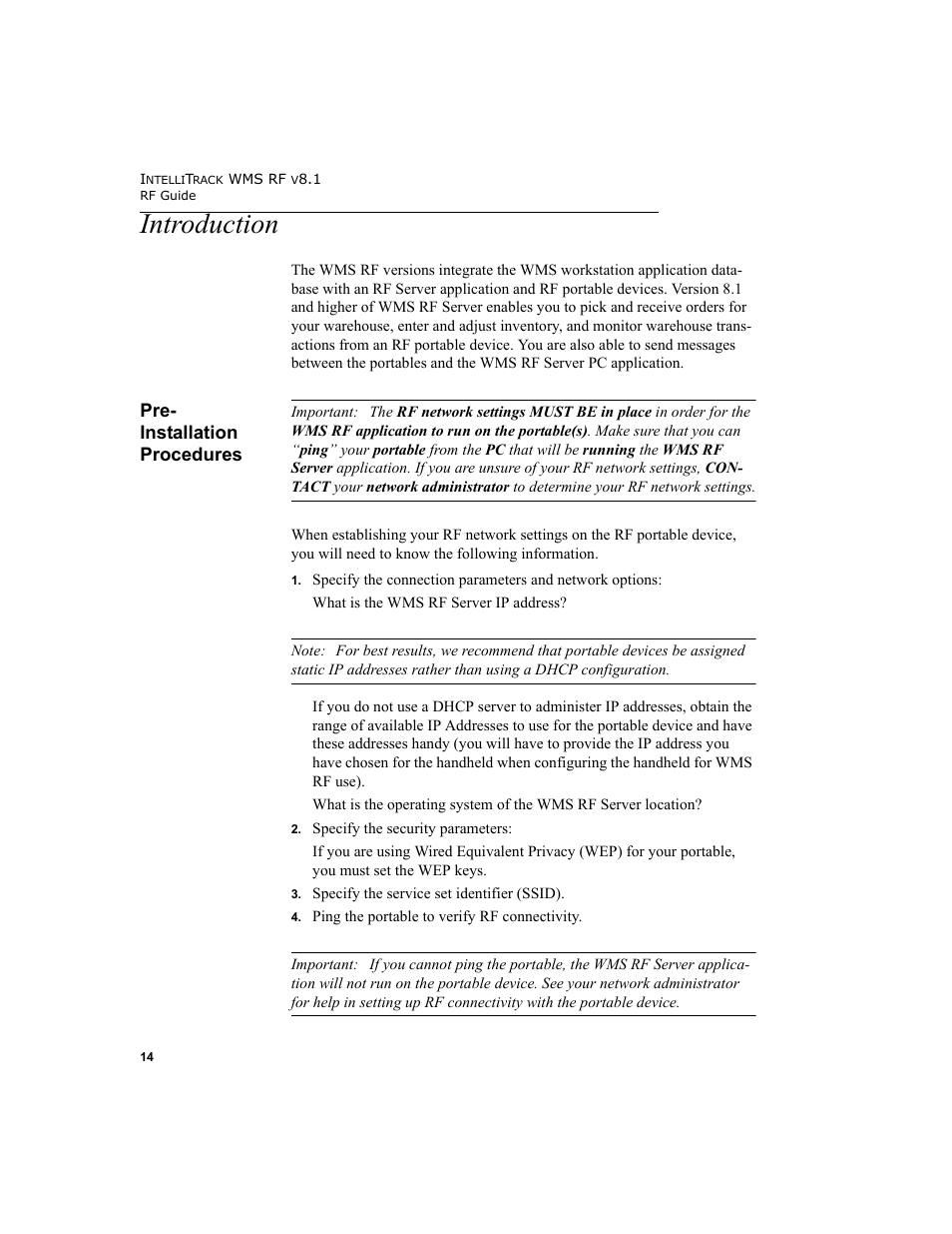Introduction, Pre- installation procedures, Pre-installation procedures | IntelliTrack WMS – Warehouse Management System User Manual | Page 24 / 160