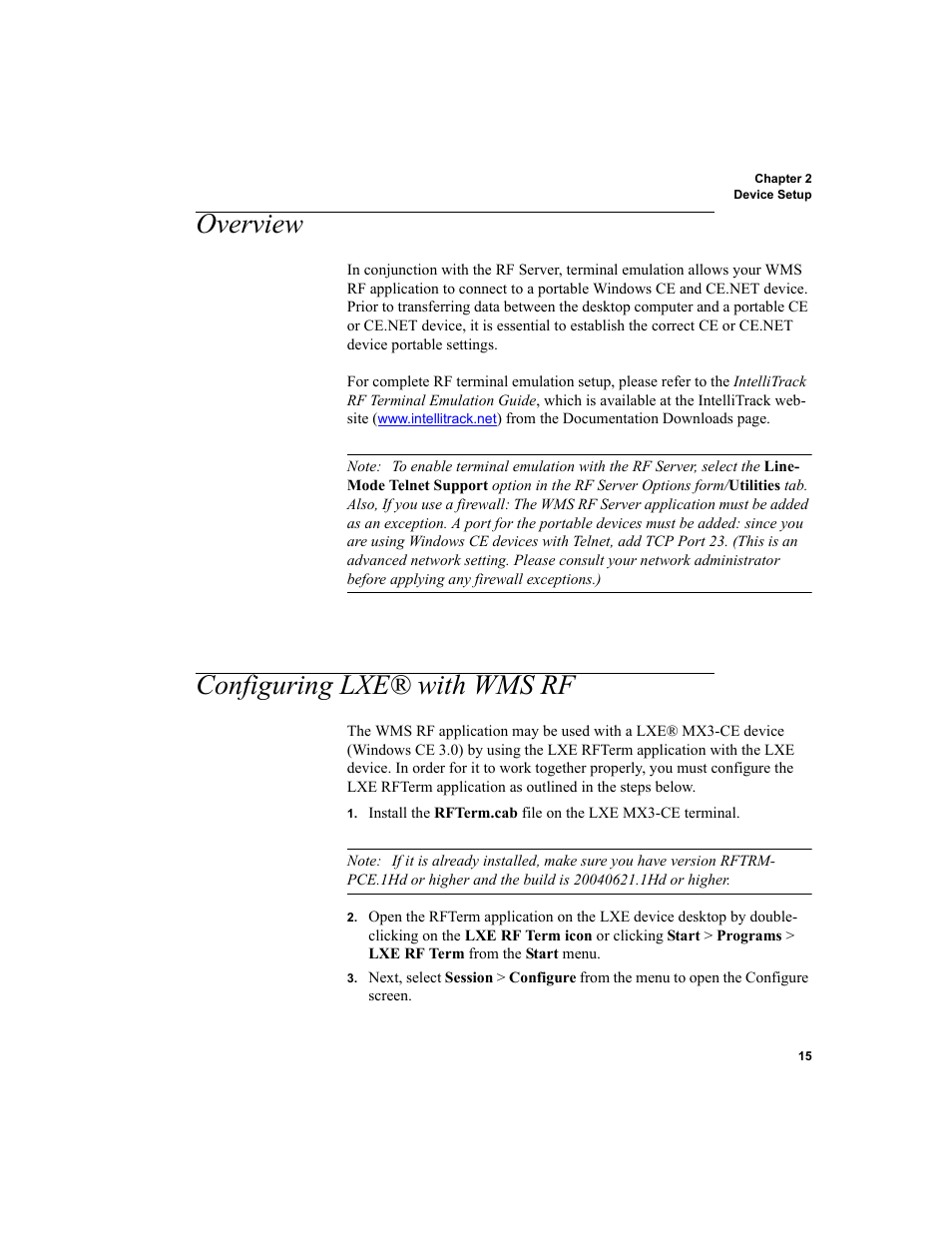 Overview, Configuring lxe® with wms rf, Overview configuring lxe® with wms rf | IntelliTrack WMS – Warehouse Management System User Manual | Page 25 / 160