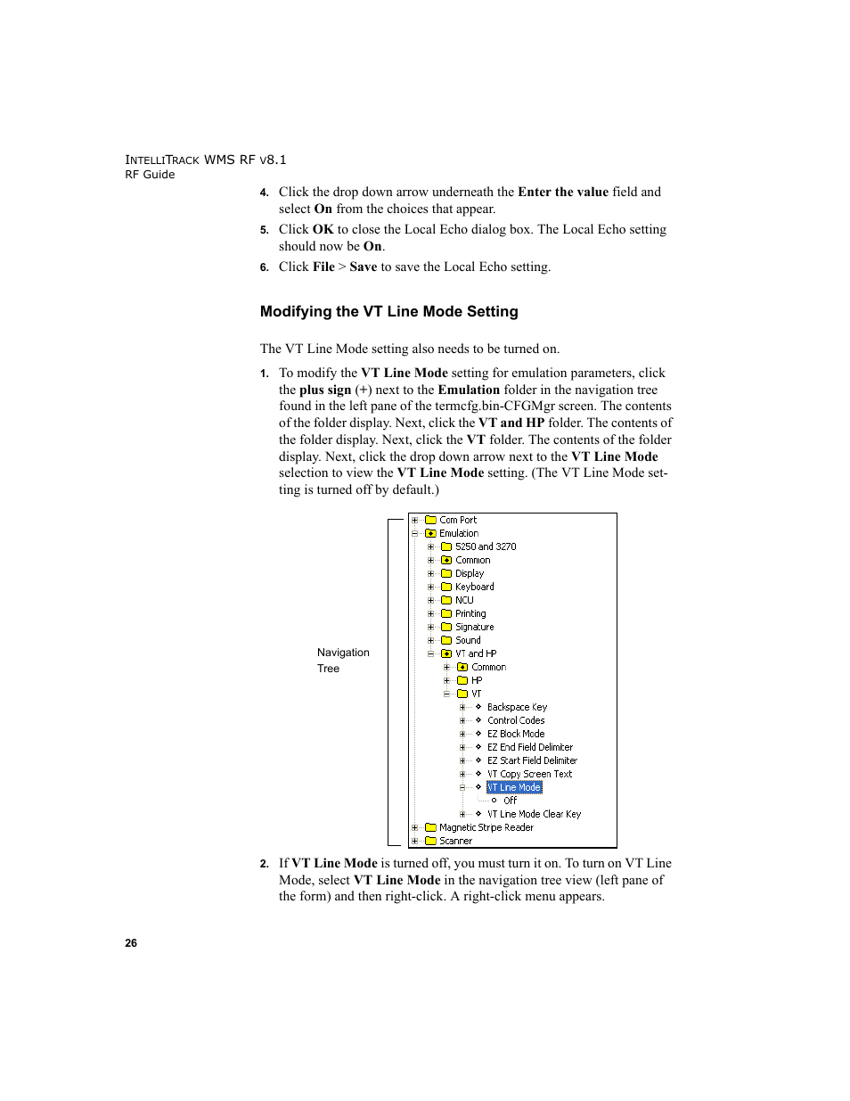Modifying the vt line mode setting | IntelliTrack WMS – Warehouse Management System User Manual | Page 36 / 160