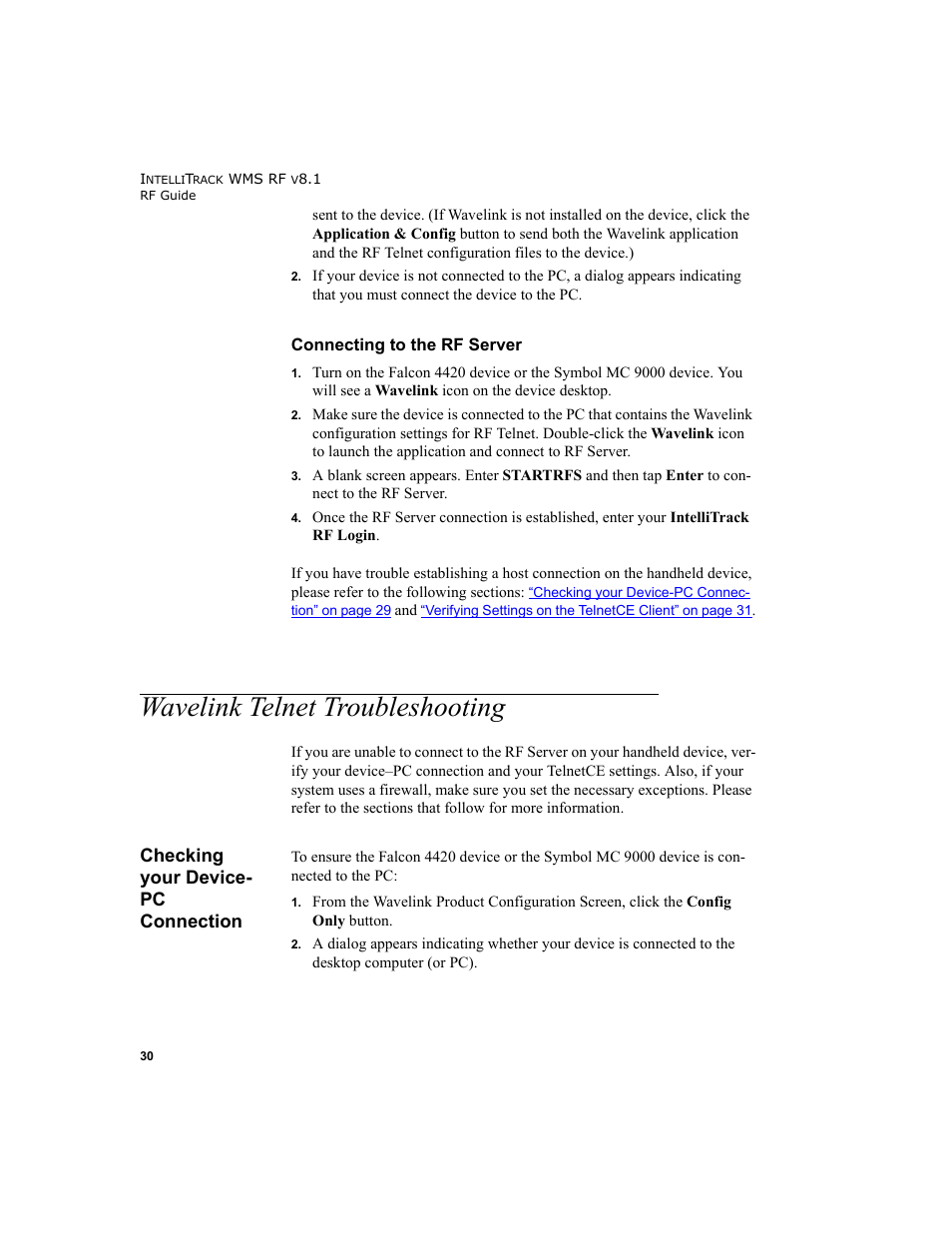 Wavelink telnet troubleshooting, Checking your device- pc connection, Checking your device-pc connection | IntelliTrack WMS – Warehouse Management System User Manual | Page 40 / 160