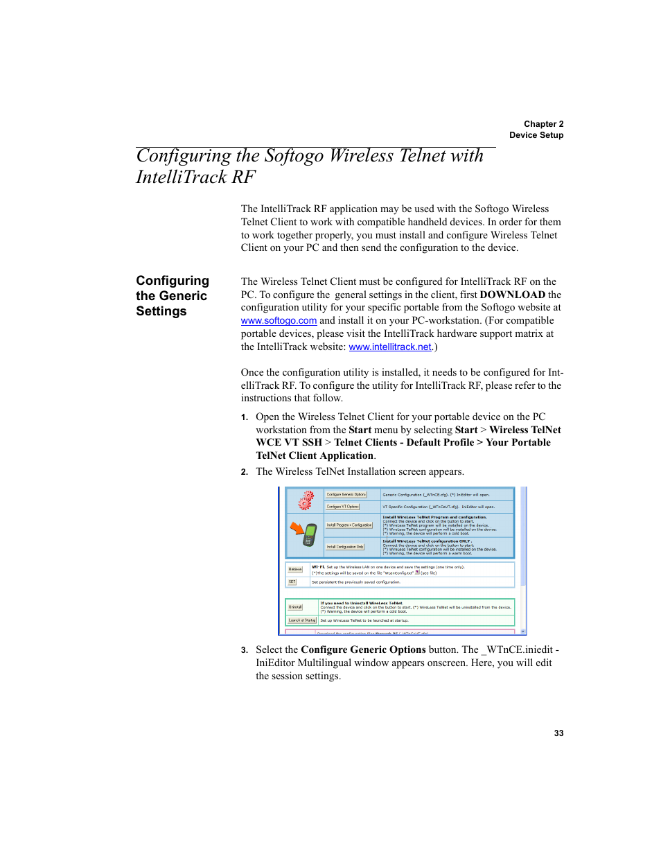 Configuring the generic settings, Configuring the softogo wireless telnet with, Intellitrack rf | IntelliTrack WMS – Warehouse Management System User Manual | Page 43 / 160