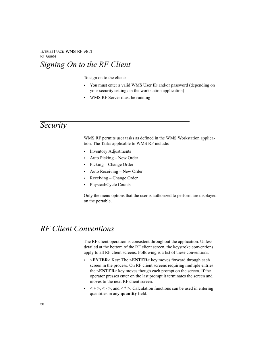 Signing on to the rf client, Security, Rf client conventions | IntelliTrack WMS – Warehouse Management System User Manual | Page 66 / 160