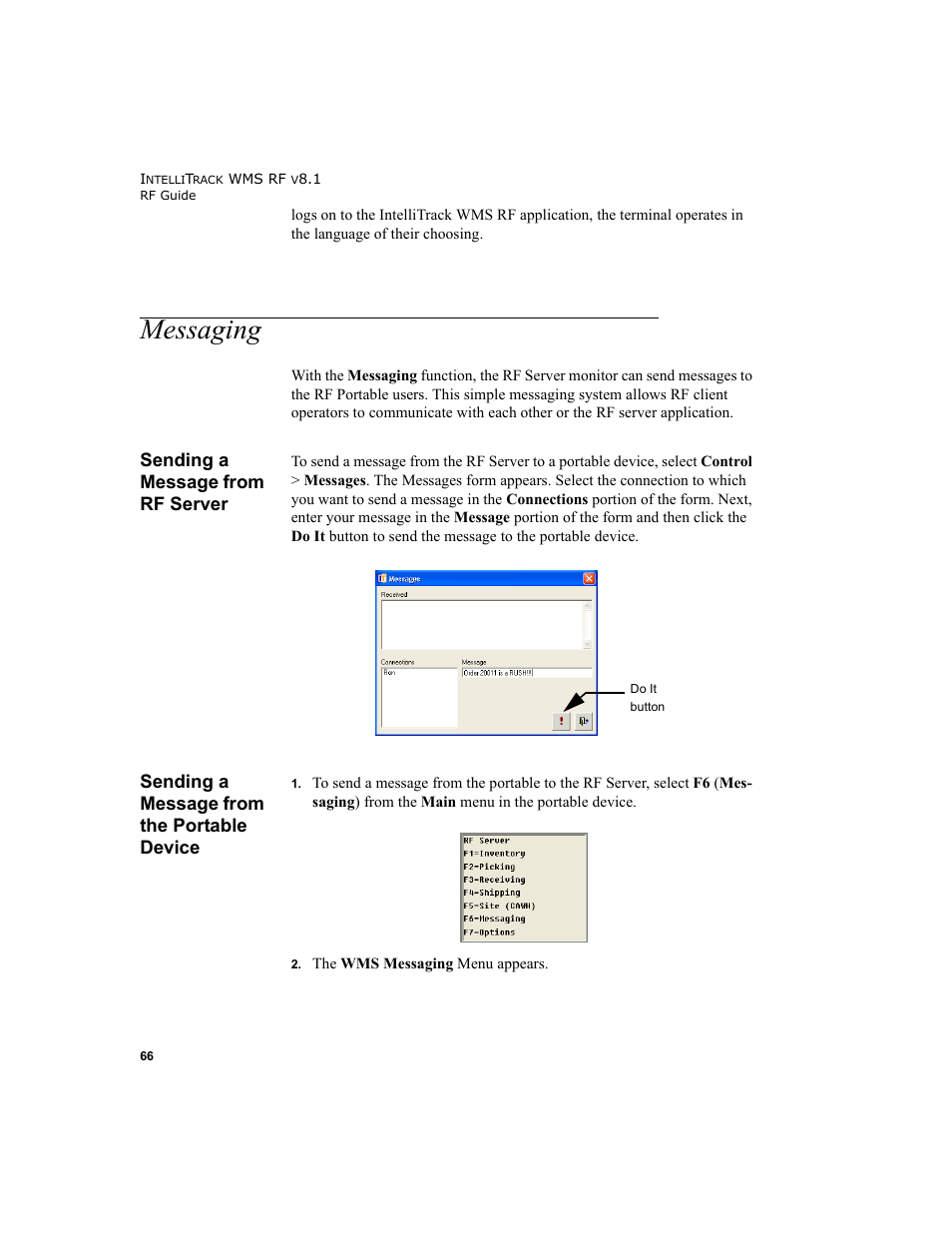 Messaging, Sending a message from rf server, Sending a message from the portable device | IntelliTrack WMS – Warehouse Management System User Manual | Page 76 / 160
