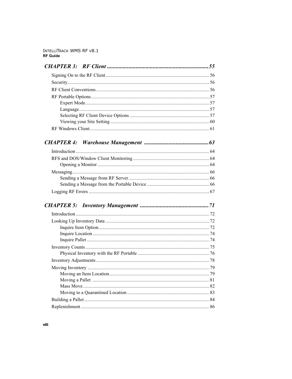Chapter 3: rf client, Chapter 4: warehouse management, Chapter 5: inventory management | IntelliTrack WMS – Warehouse Management System User Manual | Page 8 / 160