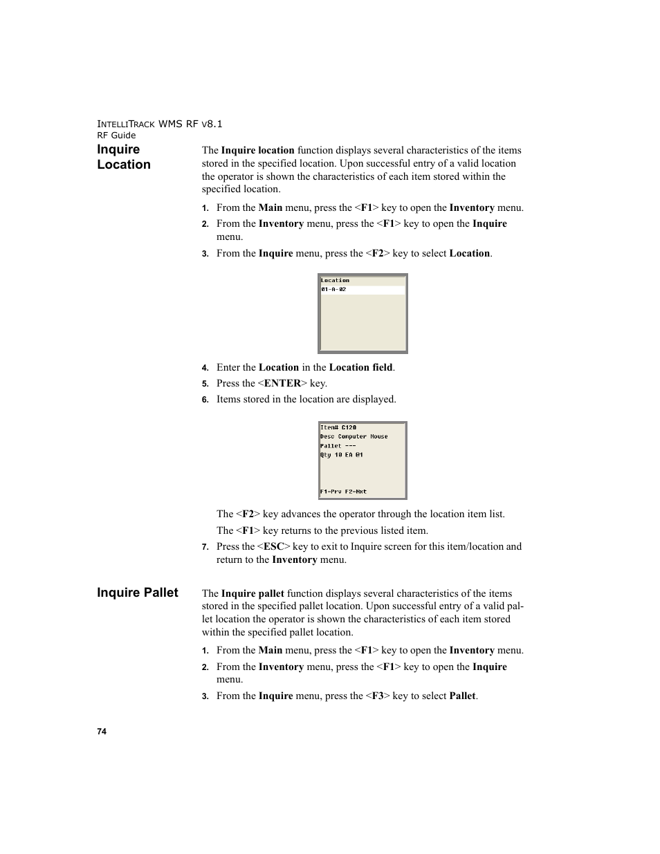 Inquire location, Inquire pallet, Inquire location inquire pallet | IntelliTrack WMS – Warehouse Management System User Manual | Page 84 / 160