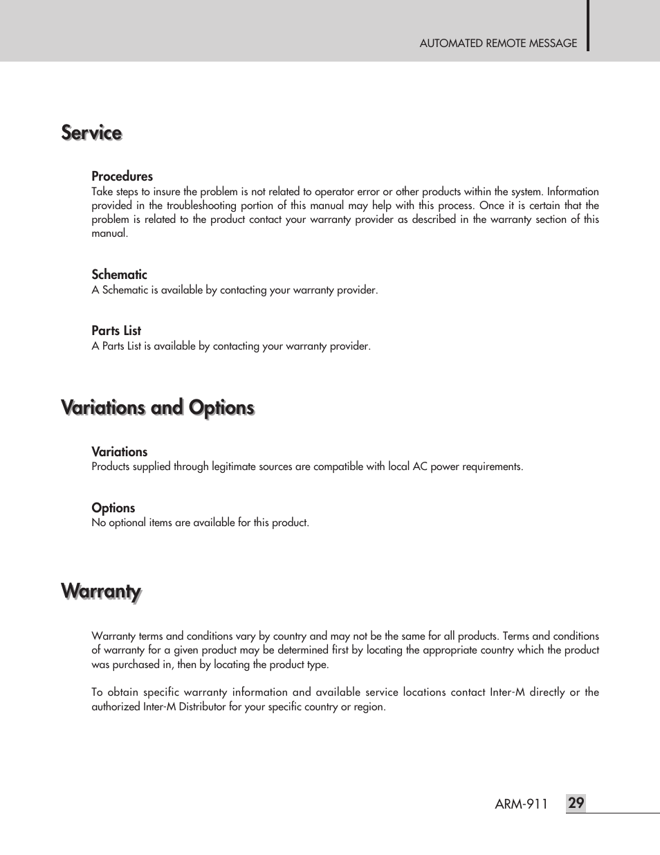 Service, Variations and options, Warranty | Inter-M ARM-911 User Manual | Page 32 / 32