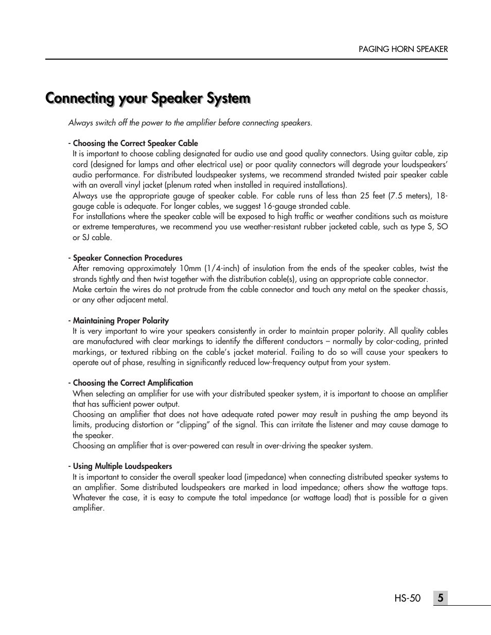 Connecting your speaker system | Inter-M HS-50 User Manual | Page 8 / 11