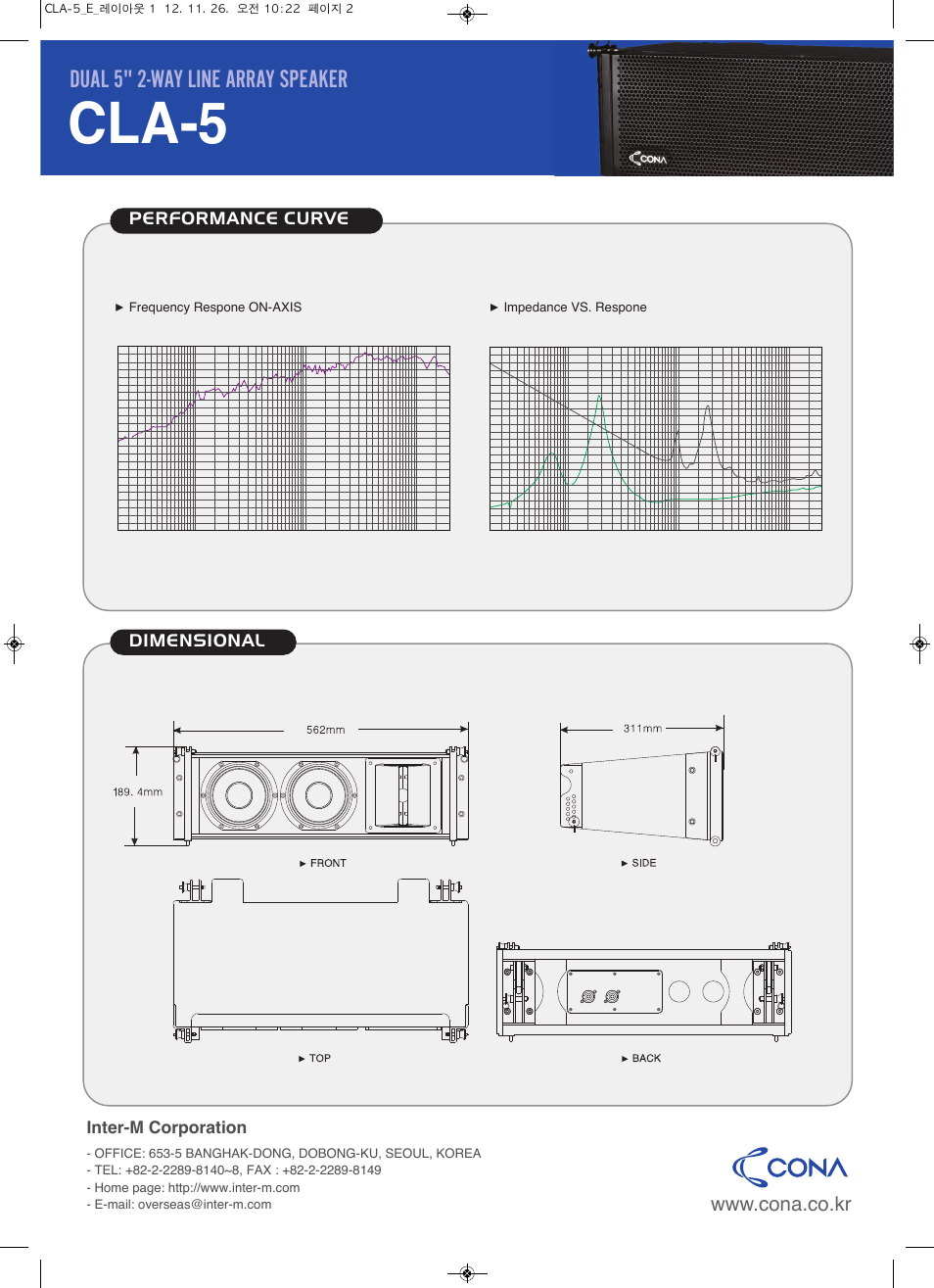 Cla-5, Dual 5" 2-way line array speaker, Performance curve dimensional | Inter-m corporation, Frequency respone on-axis, Impedance vs. respone | Inter-M CLA-5 User Manual | Page 2 / 2