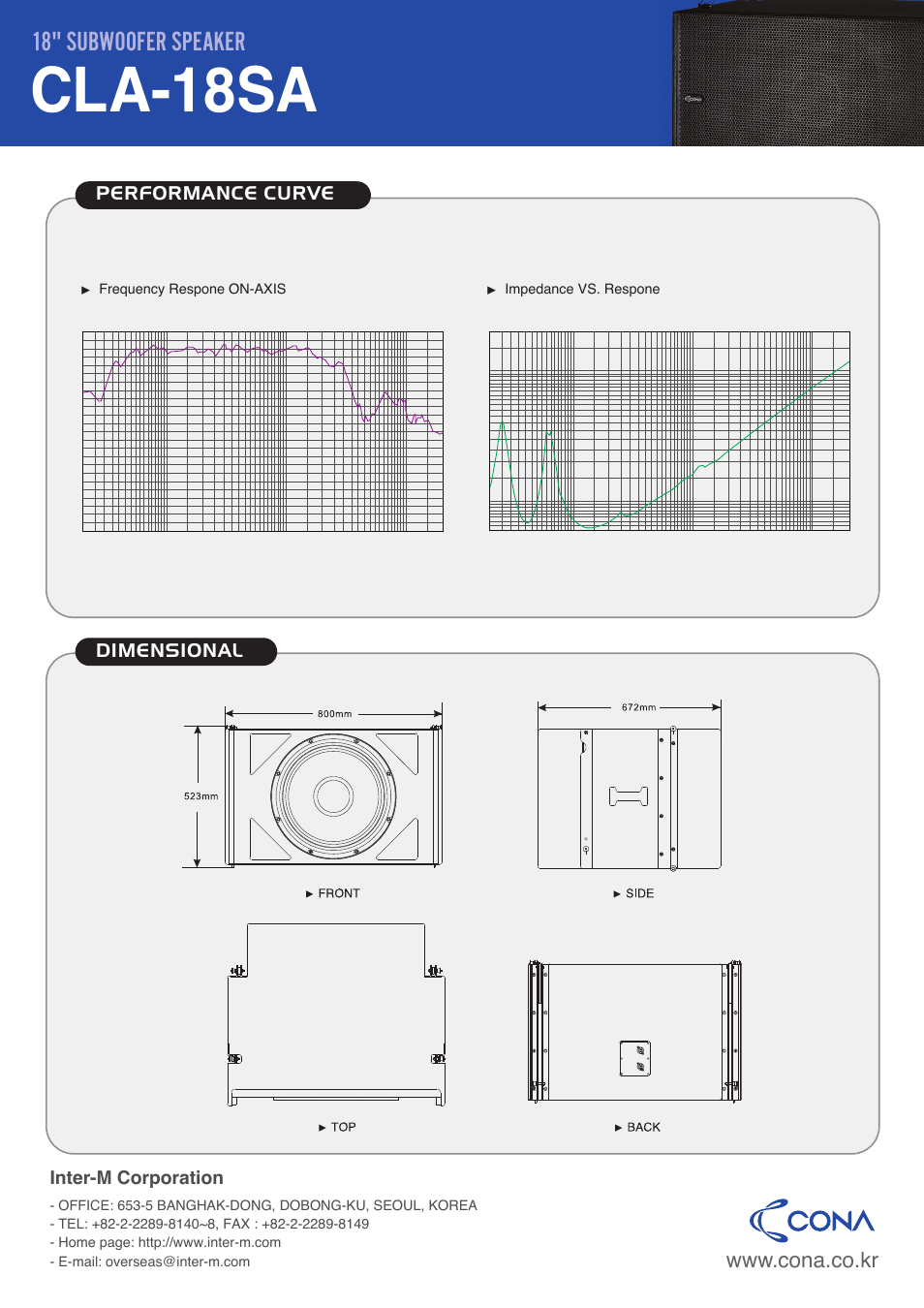 Cla-18sa, 18" subwoofer speaker, Performance curve dimensional | Inter-m corporation, Frequency respone on-axis, Impedance vs. respone | Inter-M CLA-18SA User Manual | Page 2 / 2