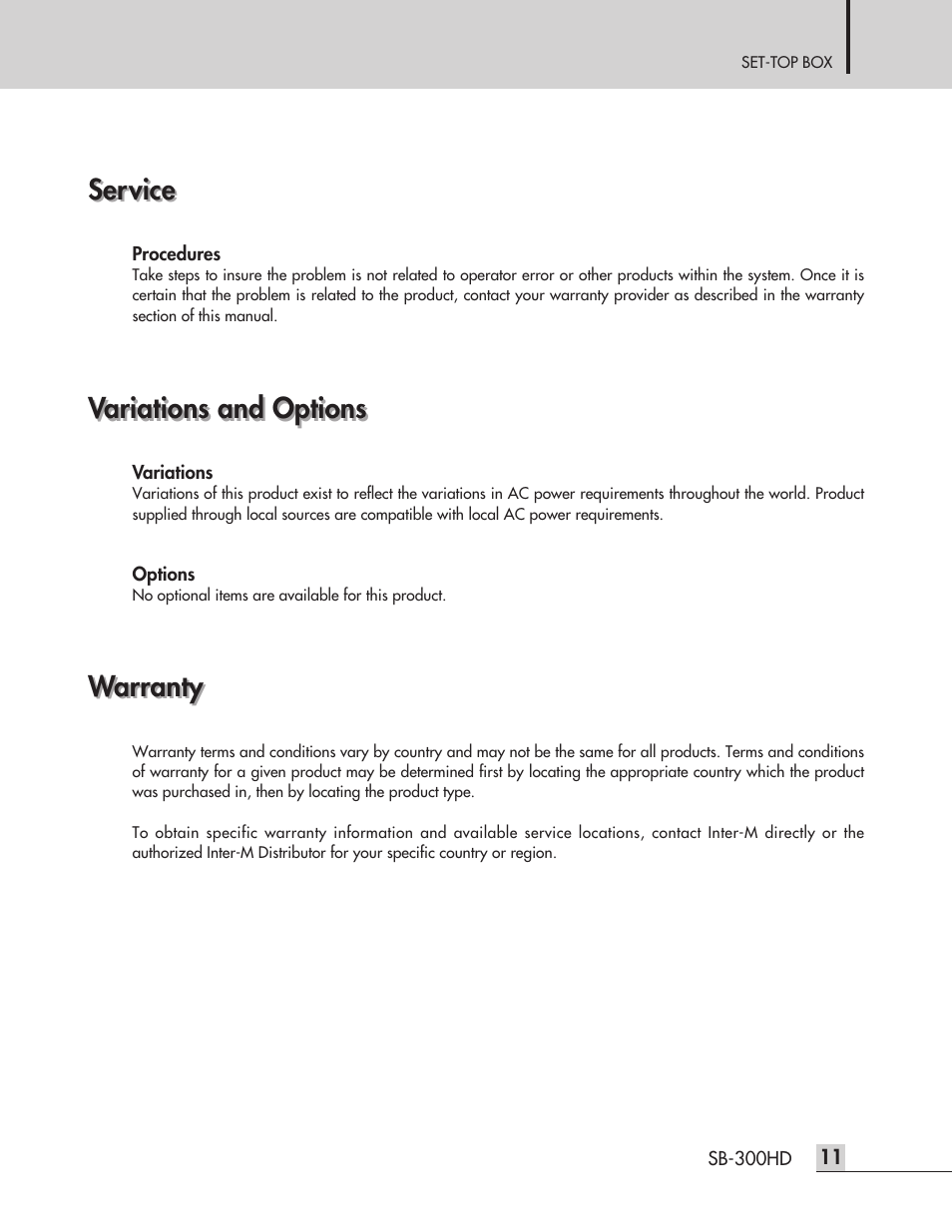 Service, Warranty, Variations and options | Inter-M SB-300HD User Manual | Page 13 / 15