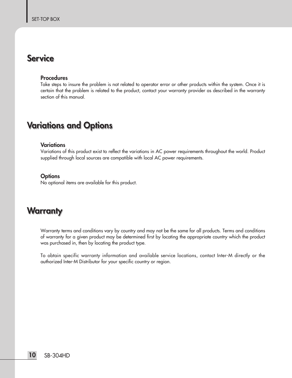 Service, Warranty, Variations and options | Inter-M SB-304HD User Manual | Page 12 / 15