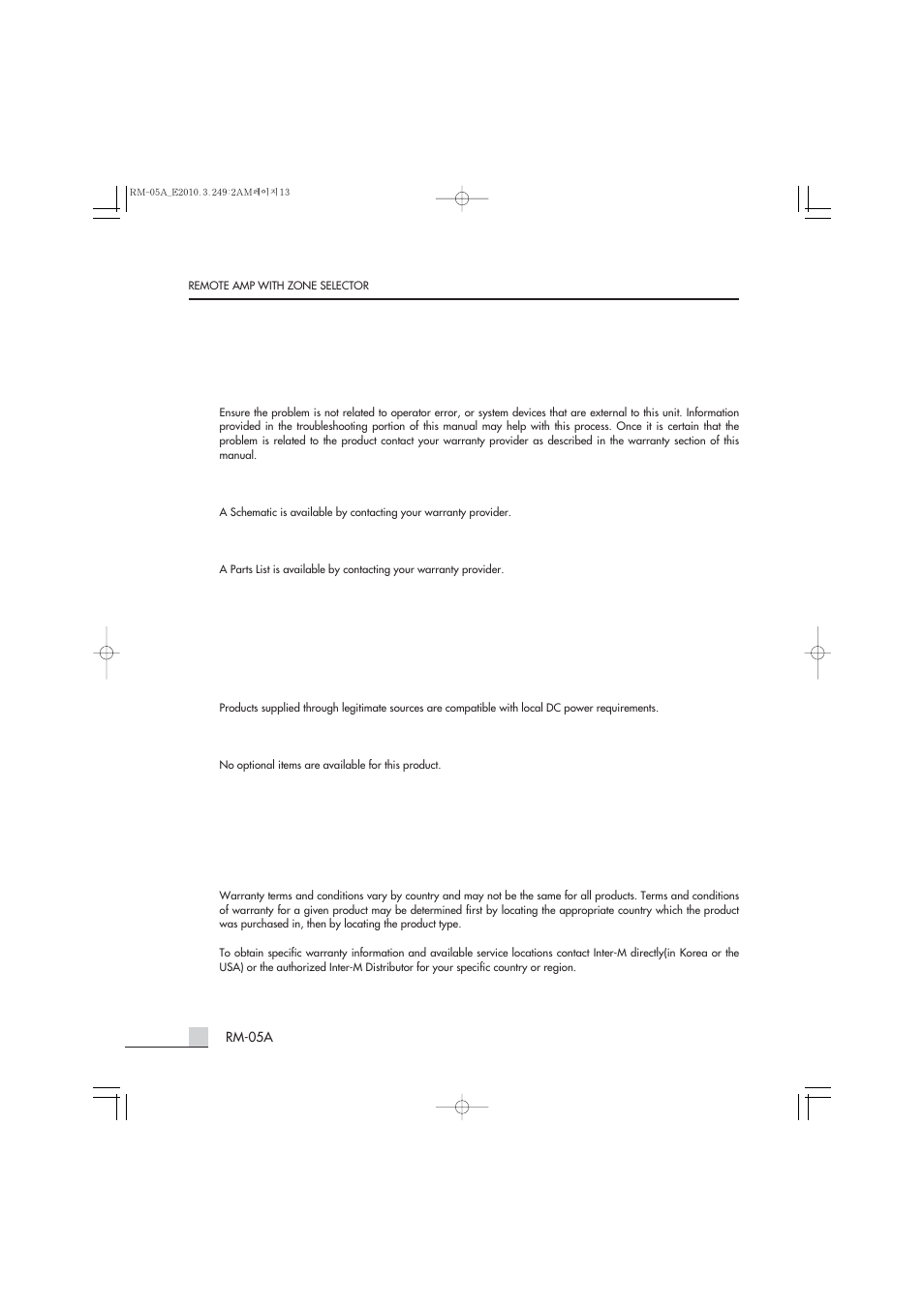 Service, Variations and options, Warranty | Inter-M RM-05A User Manual | Page 12 / 15