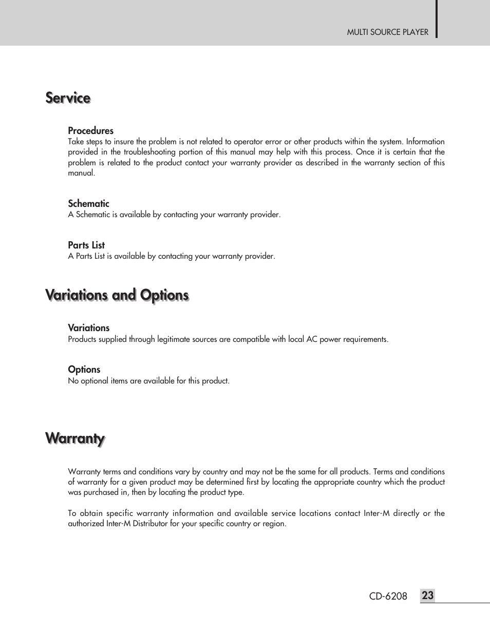 Service, Warranty, Variations and options | Inter-M CD-6208 User Manual | Page 25 / 28