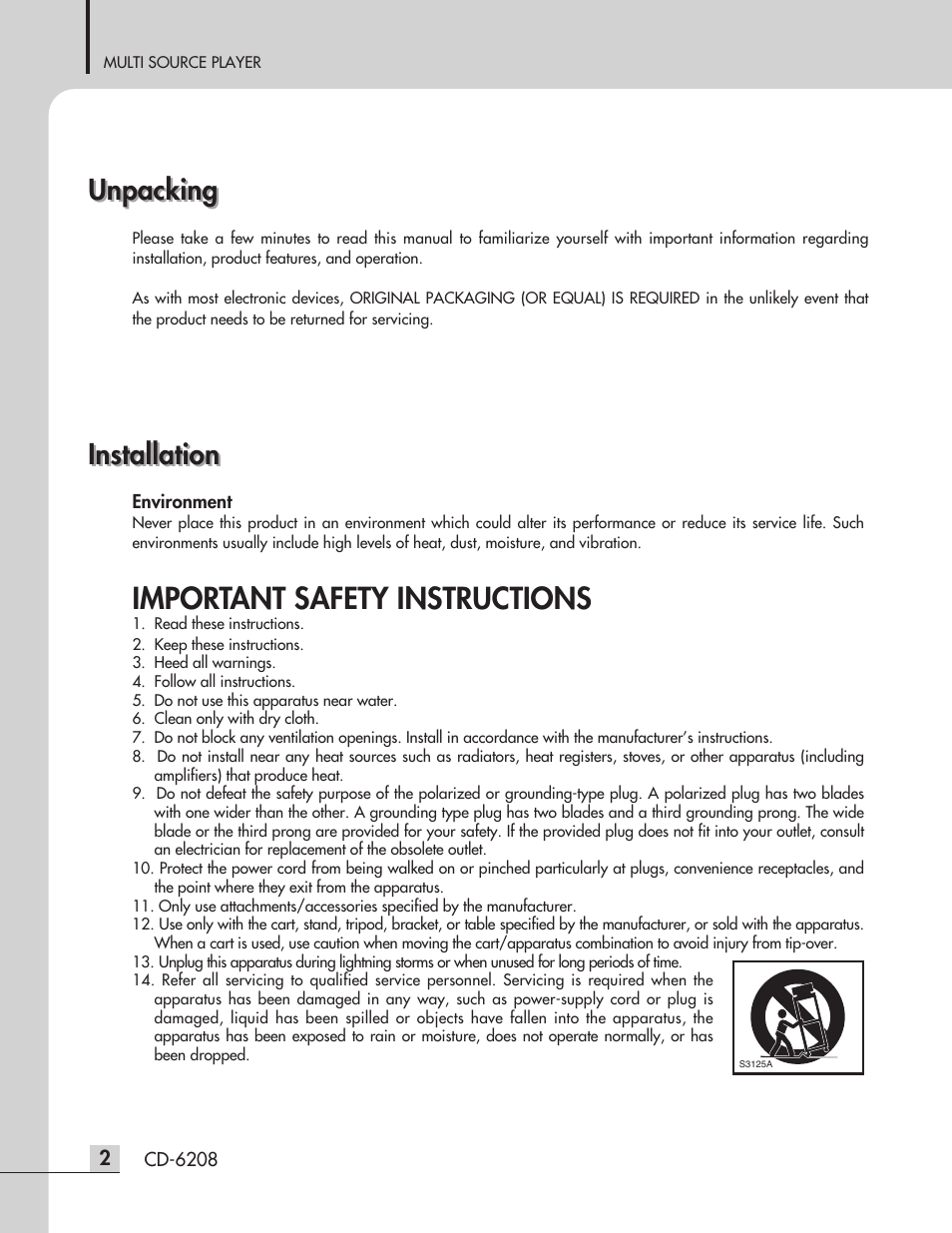 Important safety instructions, Unpacking, Installation | Inter-M CD-6208 User Manual | Page 4 / 28