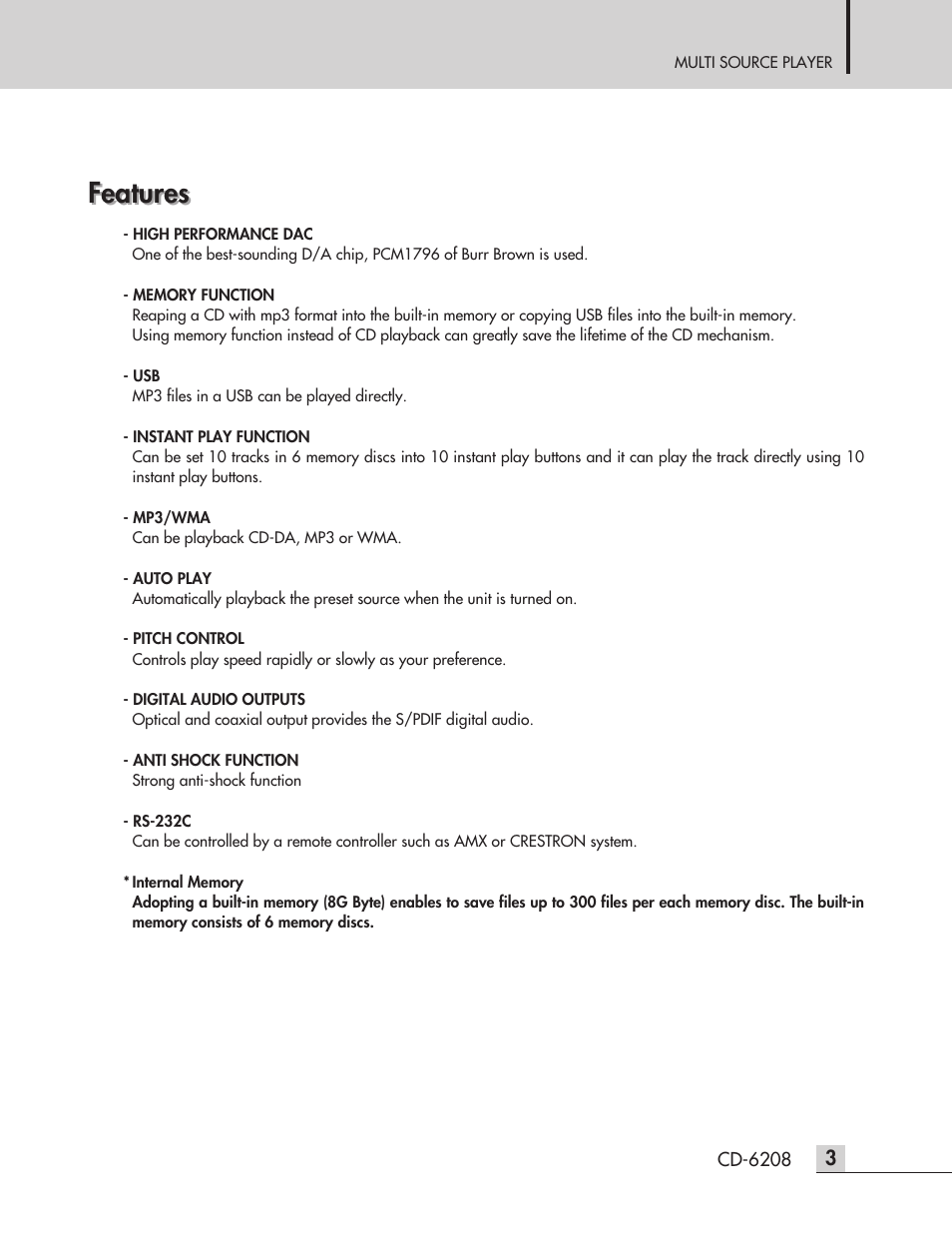 Features | Inter-M CD-6208 User Manual | Page 5 / 28