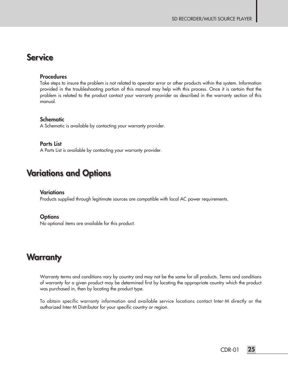 Service, Warranty, Variations and options | Inter-M CDR-01 User Manual | Page 27 / 28