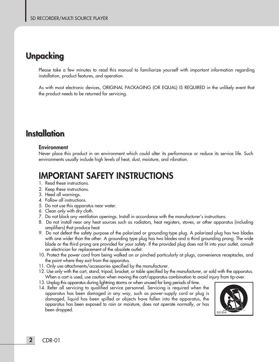 Important safety instructions, Unpacking, Installation | Inter-M CDR-01 User Manual | Page 4 / 28