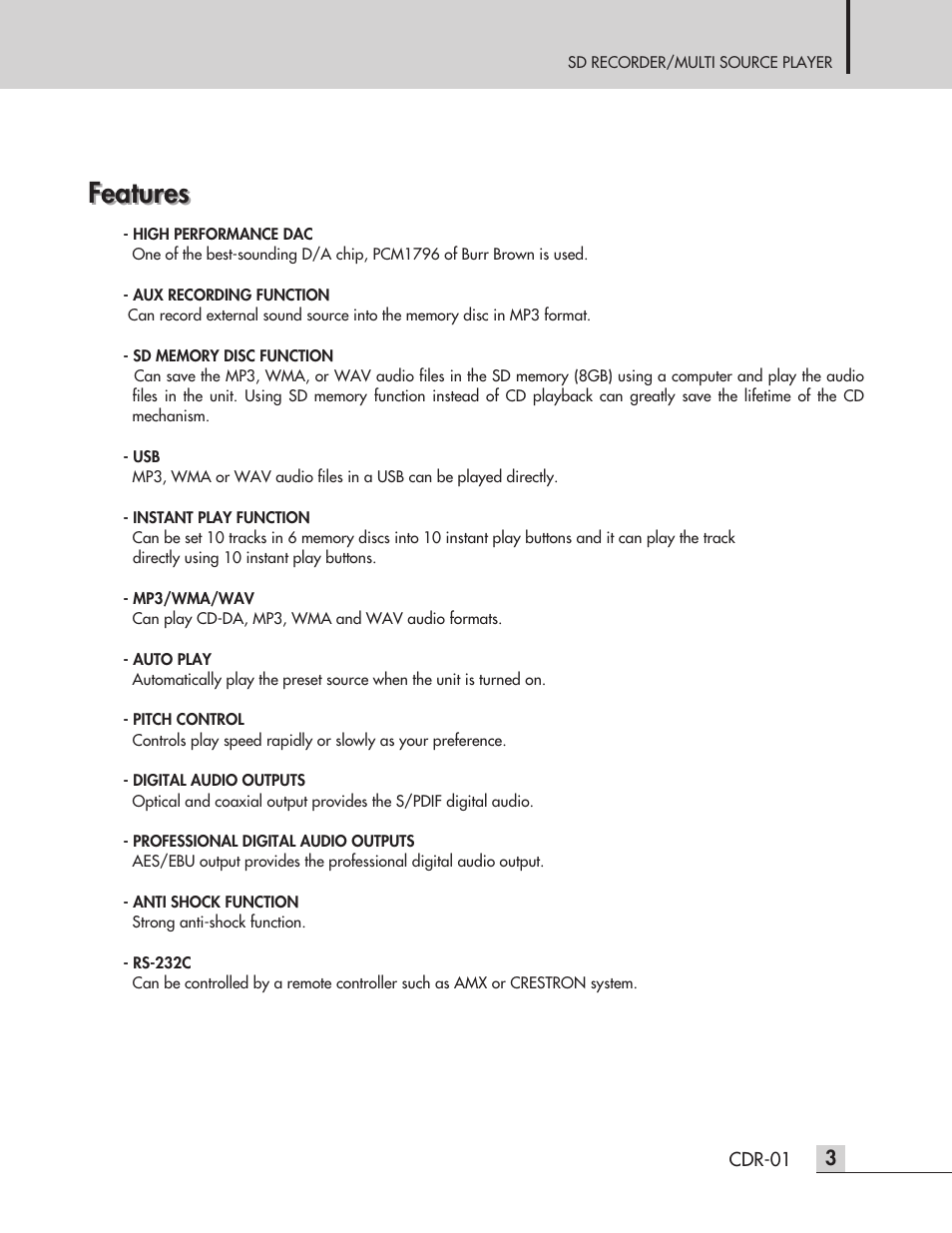 Features | Inter-M CDR-01 User Manual | Page 5 / 28