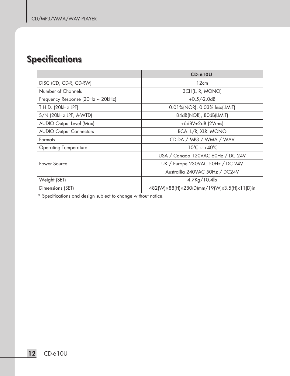 Specifications | Inter-M CD-610U User Manual | Page 14 / 20