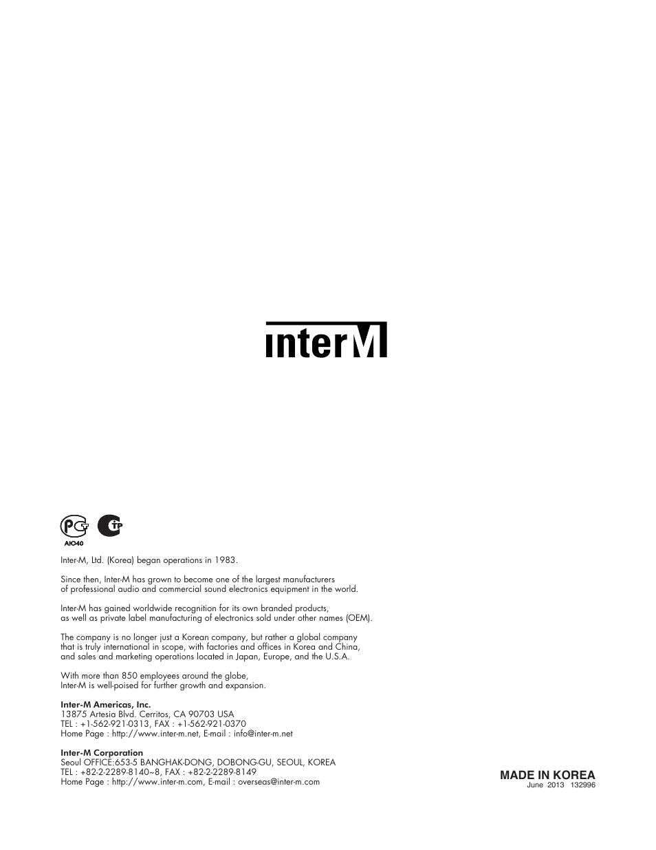 Made in korea | Inter-M CD-610U User Manual | Page 20 / 20