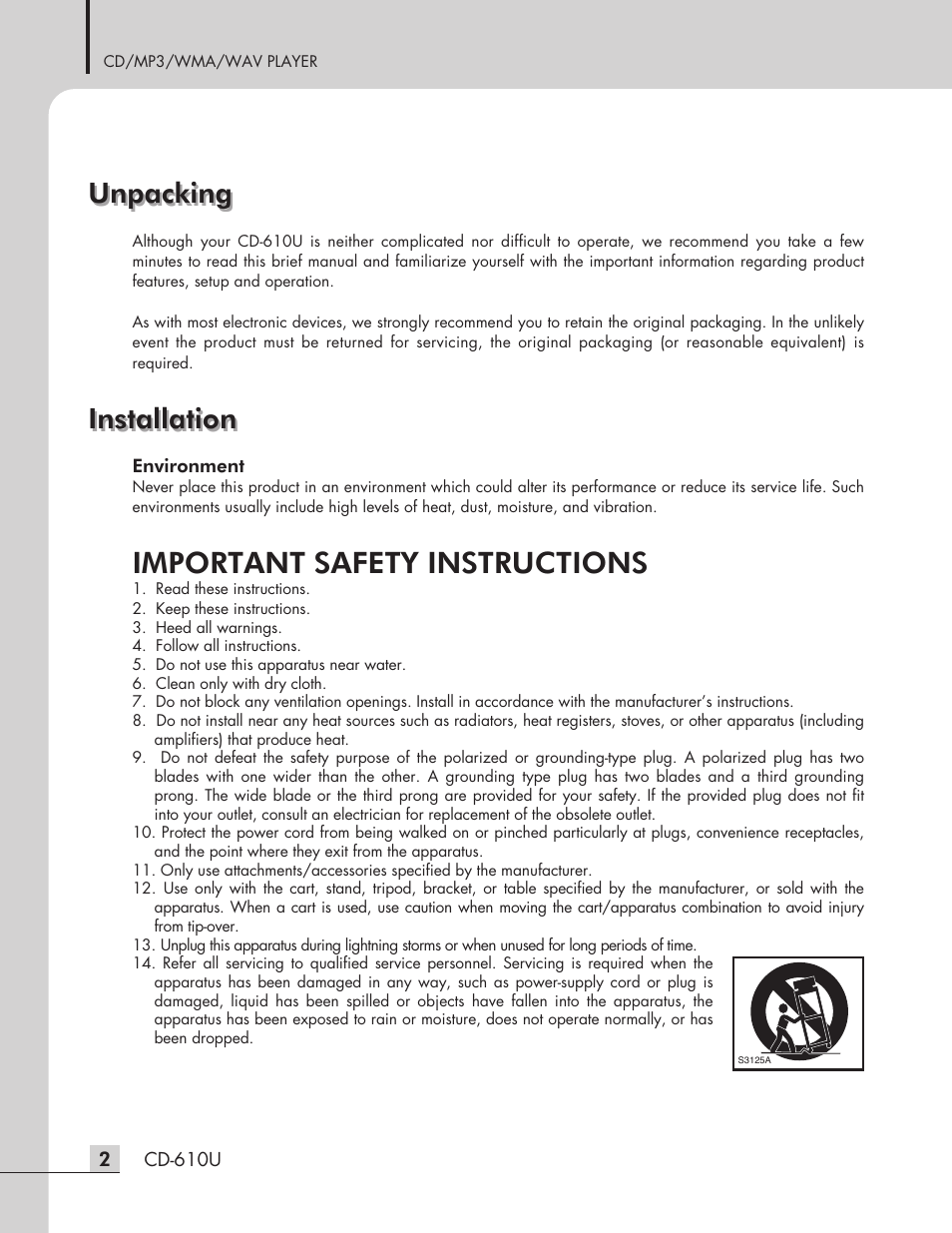 Important safety instructions, Installation unpacking unpacking, Installation | Inter-M CD-610U User Manual | Page 4 / 20