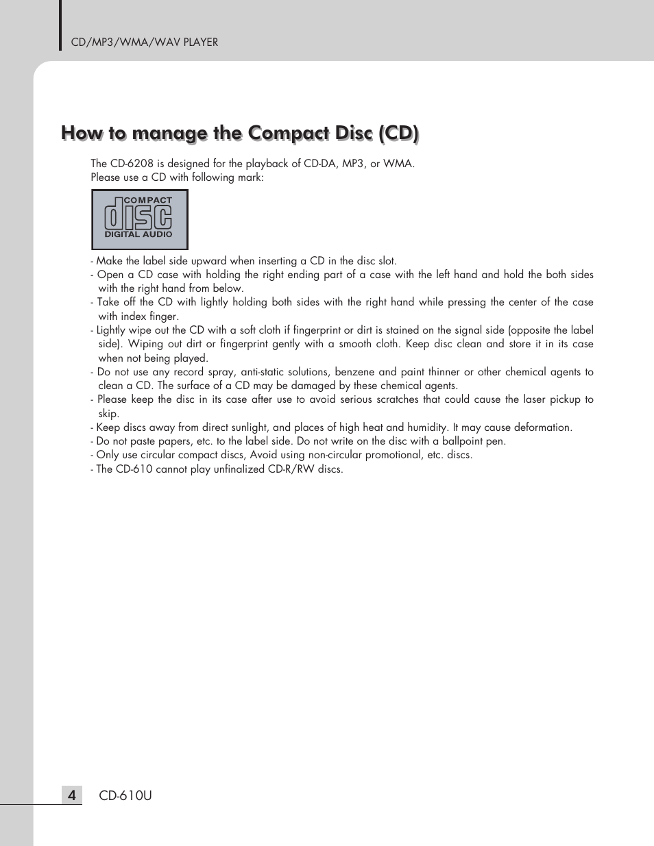 How to manage the compact disc (cd) | Inter-M CD-610U User Manual | Page 6 / 20