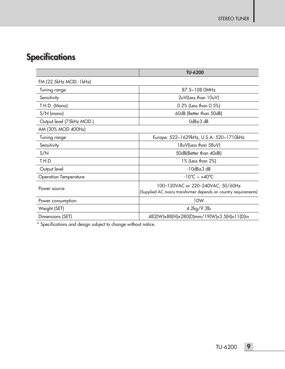 Specifications | Inter-M TU-6200 User Manual | Page 11 / 16