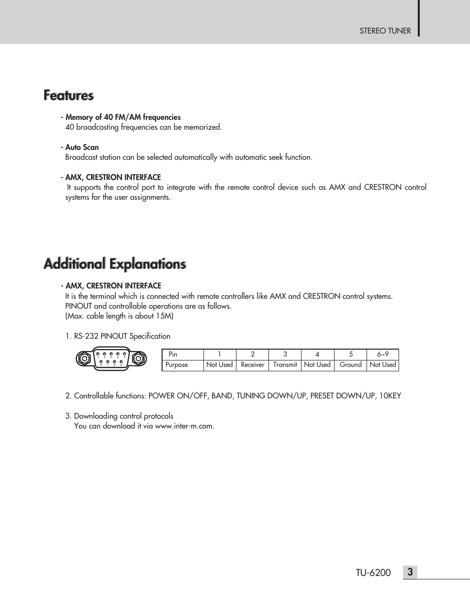 Features, Additional explanations, Tu-6200 | Inter-M TU-6200 User Manual | Page 5 / 16