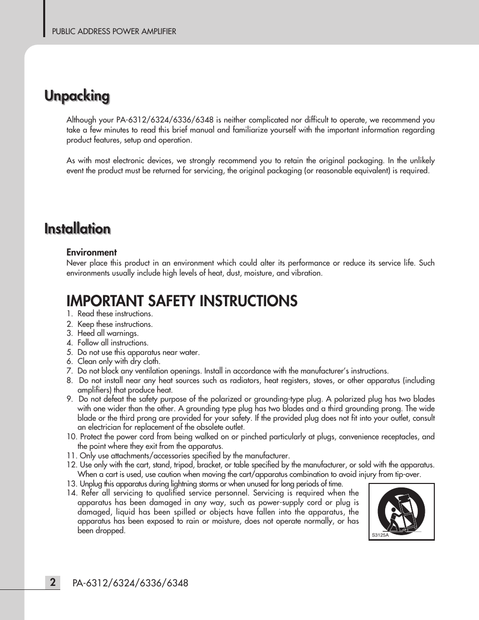 Important safety instructions, Unpacking, Installation | Inter-M PA-6312 User Manual | Page 4 / 16