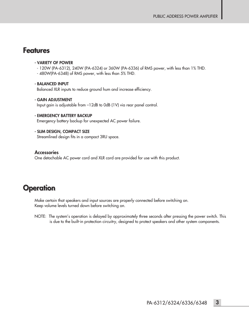 Features, Operation | Inter-M PA-6312 User Manual | Page 5 / 16
