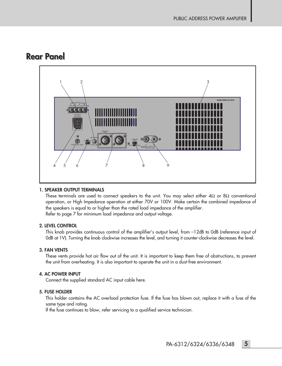Rear panel, Public address power amplifier | Inter-M PA-6312 User Manual | Page 7 / 16
