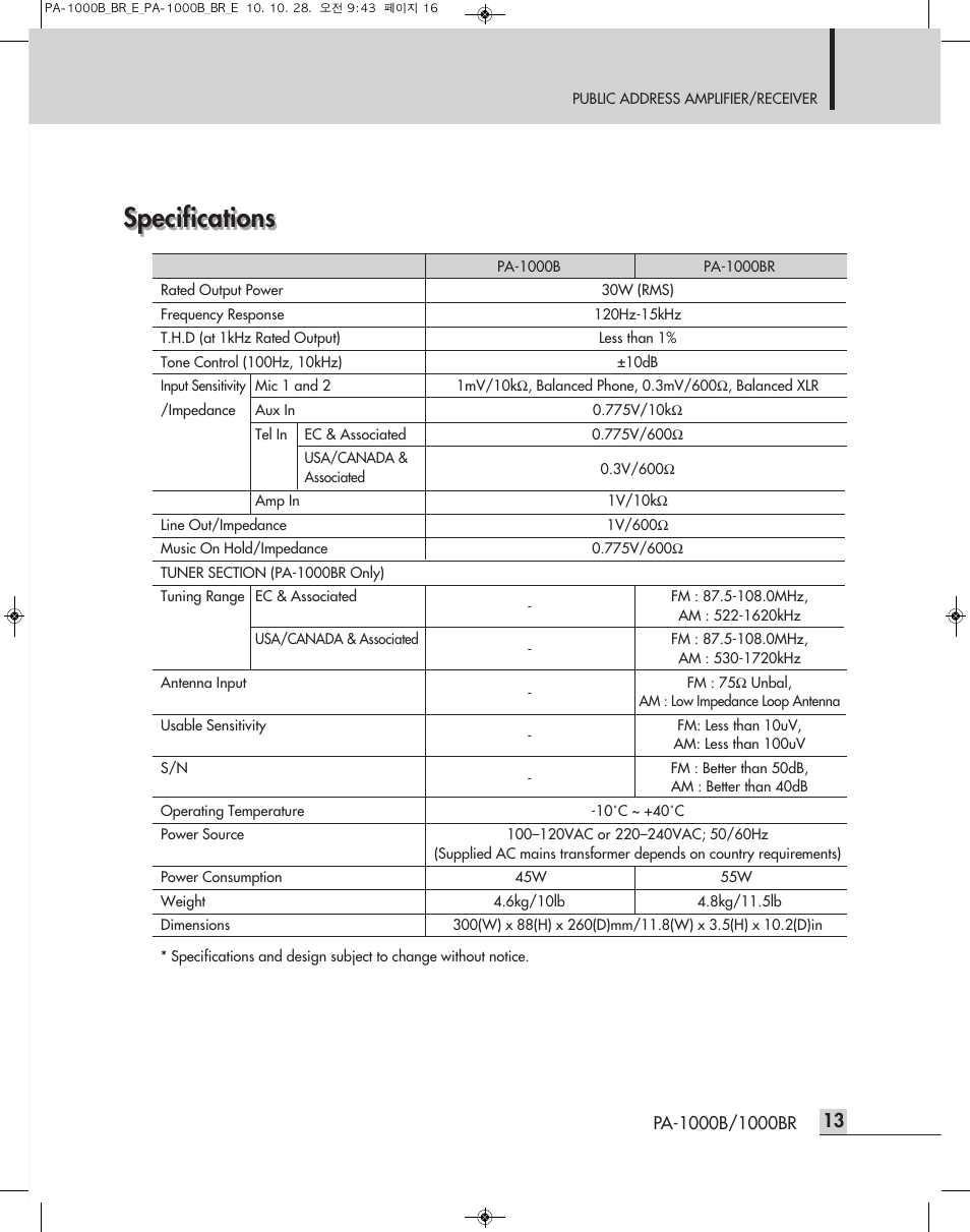 Specifications | Inter-M PA-1000B User Manual | Page 15 / 20