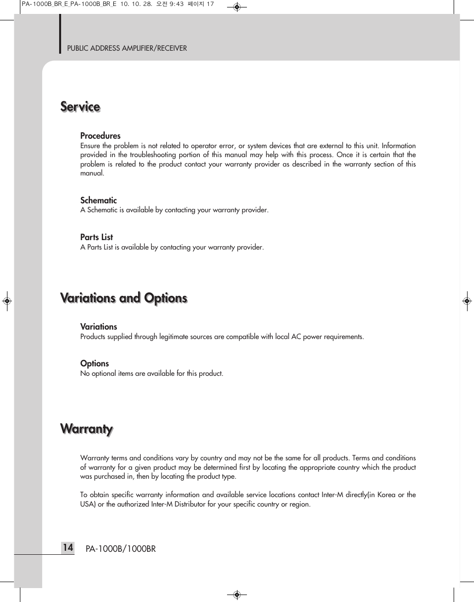 Service, Variations and options, Warranty | Inter-M PA-1000B User Manual | Page 16 / 20