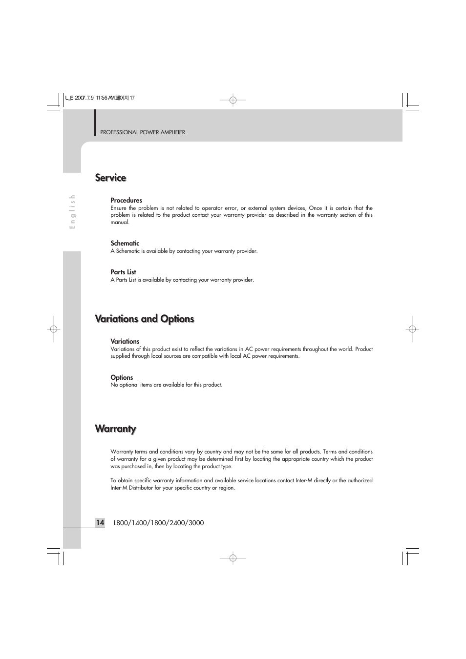 Service, Variations and options, Warranty | Inter-M L-2400 User Manual | Page 16 / 67