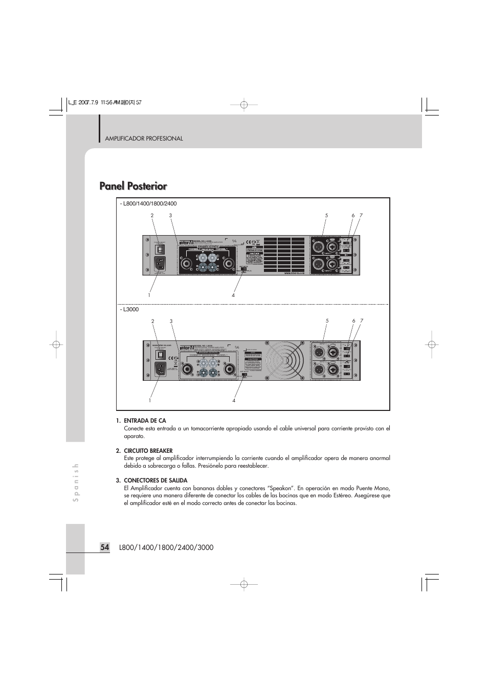 Panel posterior, Amplificador profesional | Inter-M L-2400 User Manual | Page 56 / 67