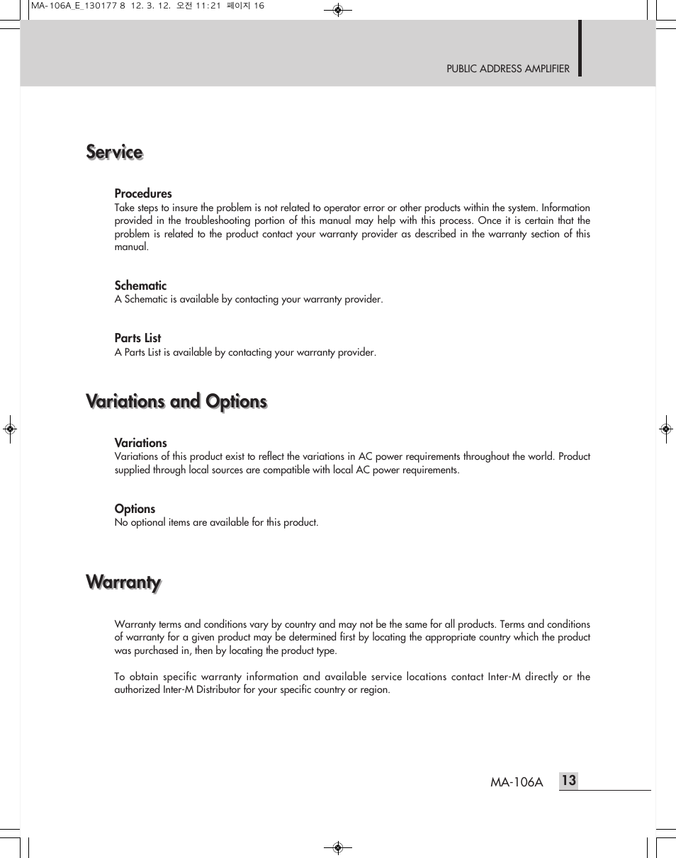 Service, Warranty, Variations and options | Inter-M MA-106A User Manual | Page 16 / 16
