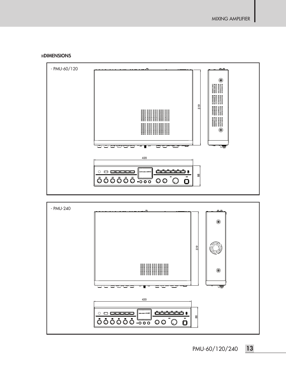 Mixing amplifier, Dimensions | Inter-M PMU-240 User Manual | Page 15 / 20