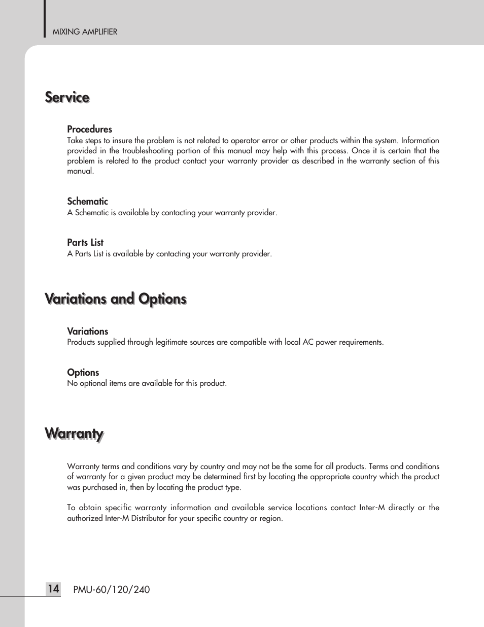 Service, Variations and options, Warranty | Inter-M PMU-240 User Manual | Page 16 / 20