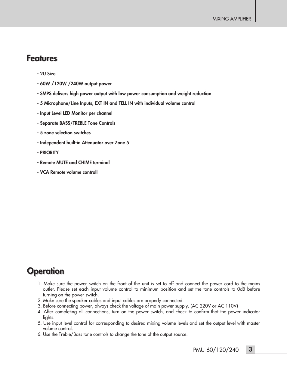 Features, Operation | Inter-M PMU-240 User Manual | Page 5 / 20