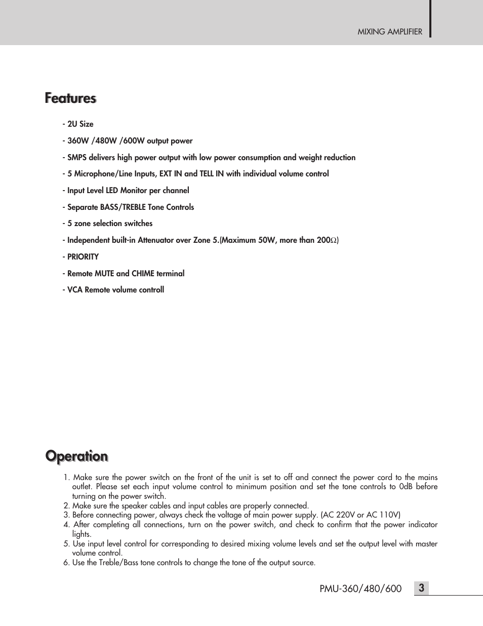 Features, Operation | Inter-M PMU-600 User Manual | Page 5 / 20