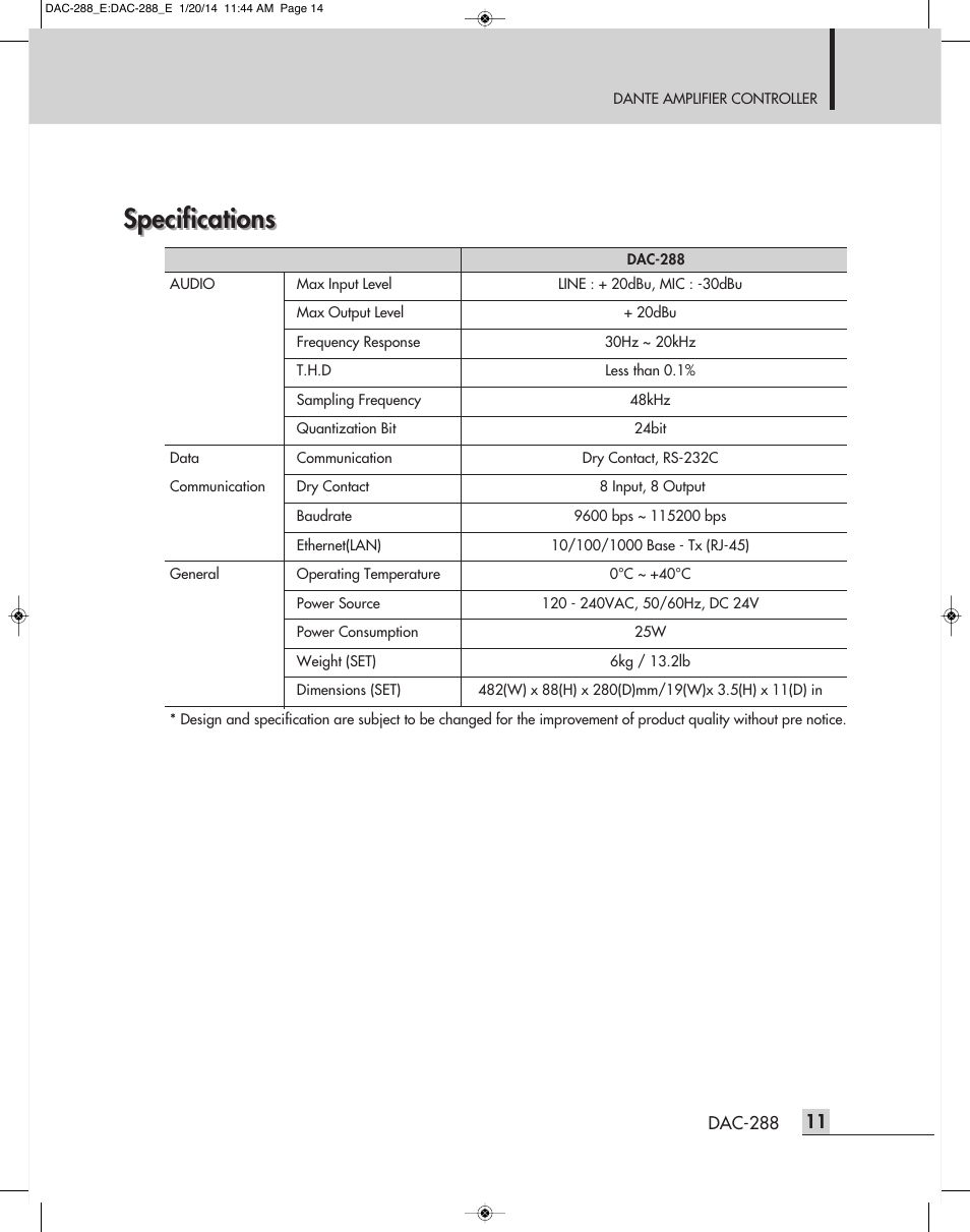 Specifications | Inter-M DAC-288 User Manual | Page 13 / 16