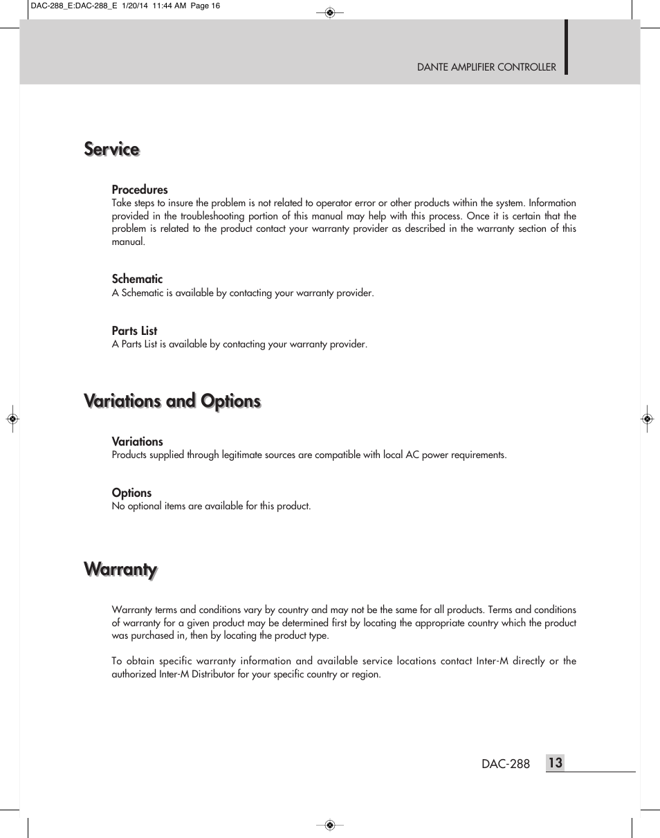 Service, Variations and options, Warranty | Inter-M DAC-288 User Manual | Page 15 / 16