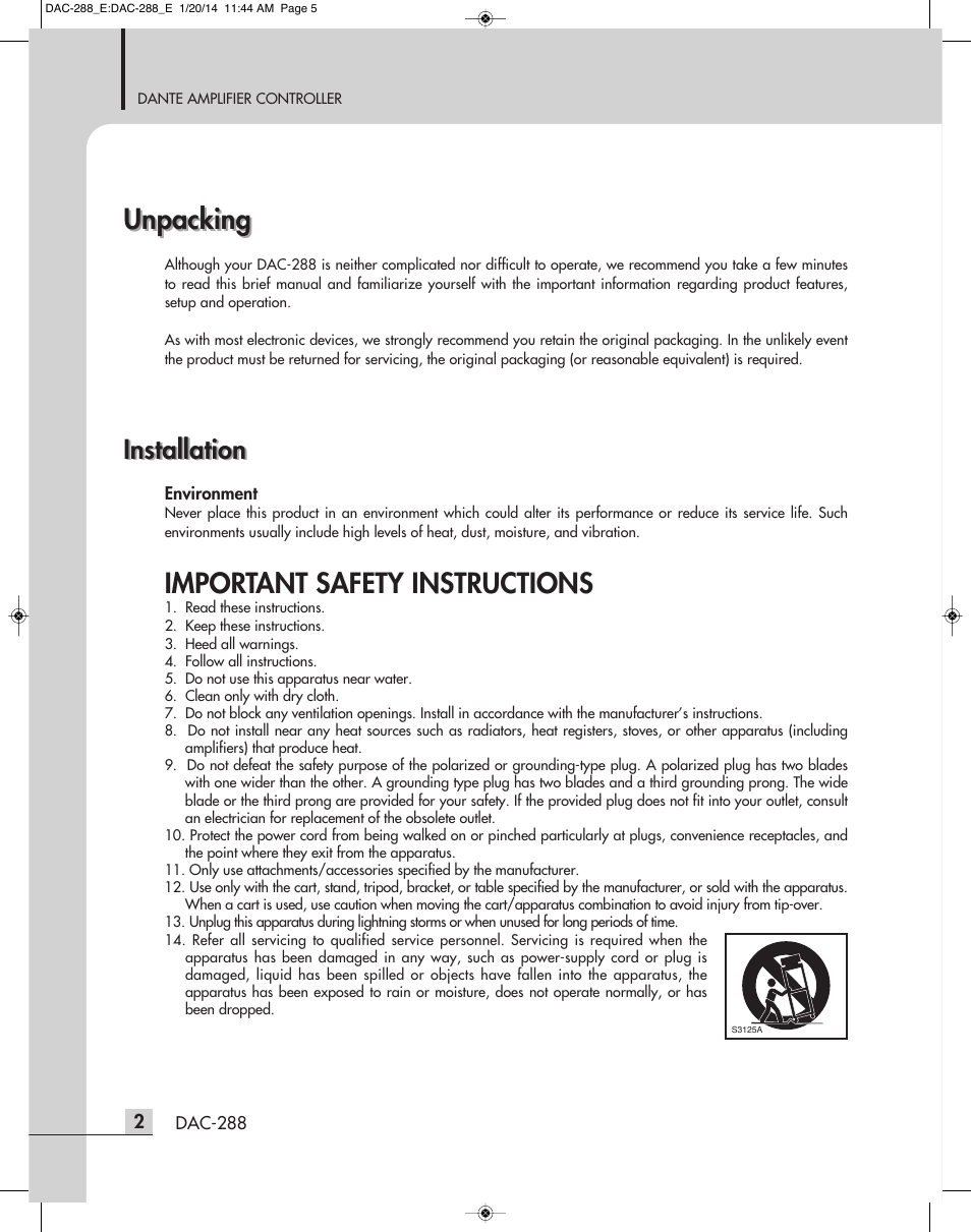 Unpacking, Important safety instructions, Installation | Inter-M DAC-288 User Manual | Page 4 / 16